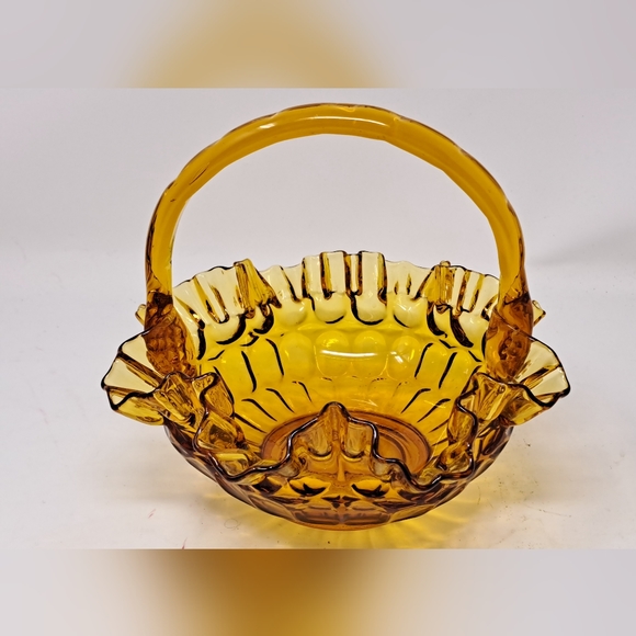 Fenton Amber Glass Thumbprint Basket With Ruffled Edge - Picture 2 of 5
